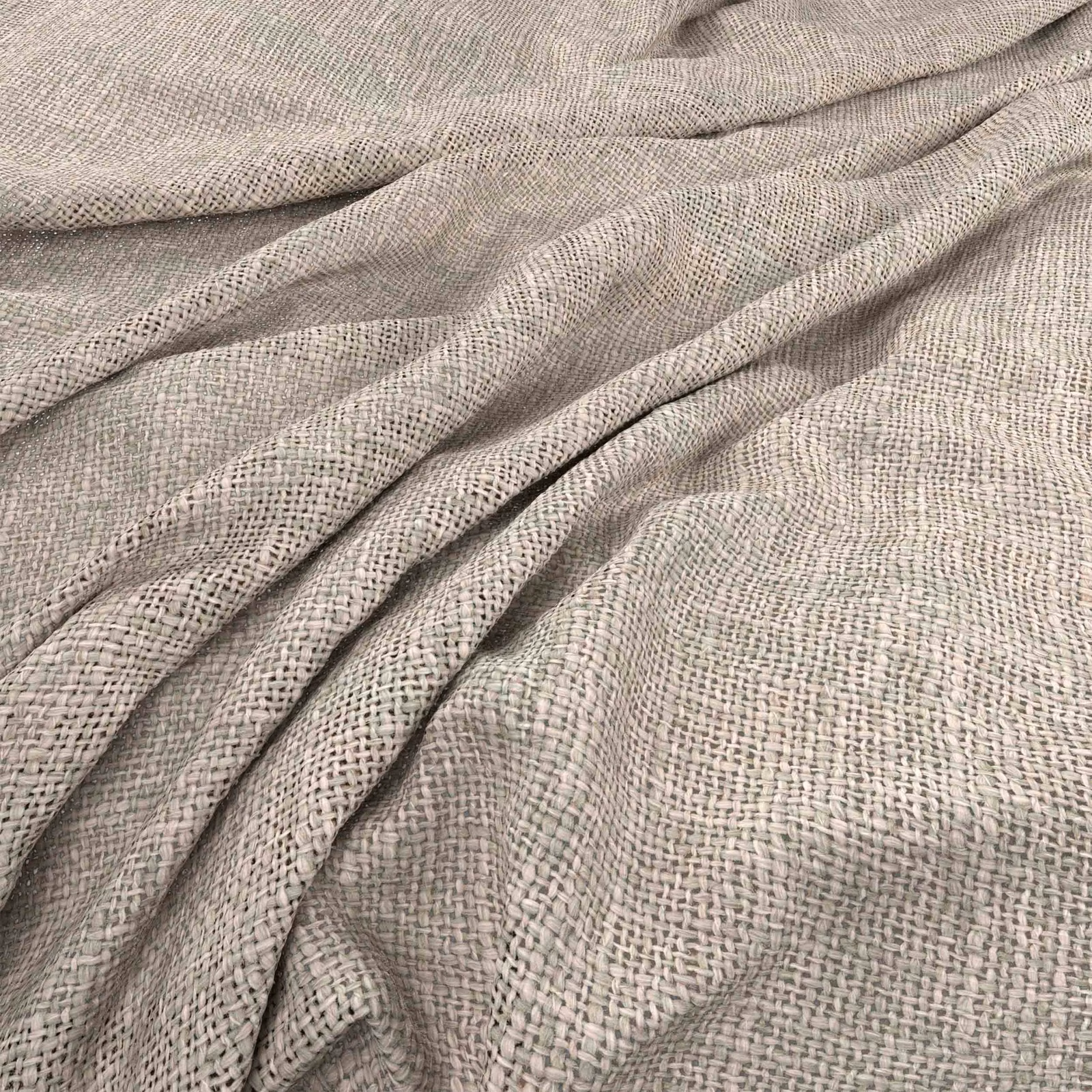 Pale oyster taupe fabric with a fine irregular basket weave in soft folds