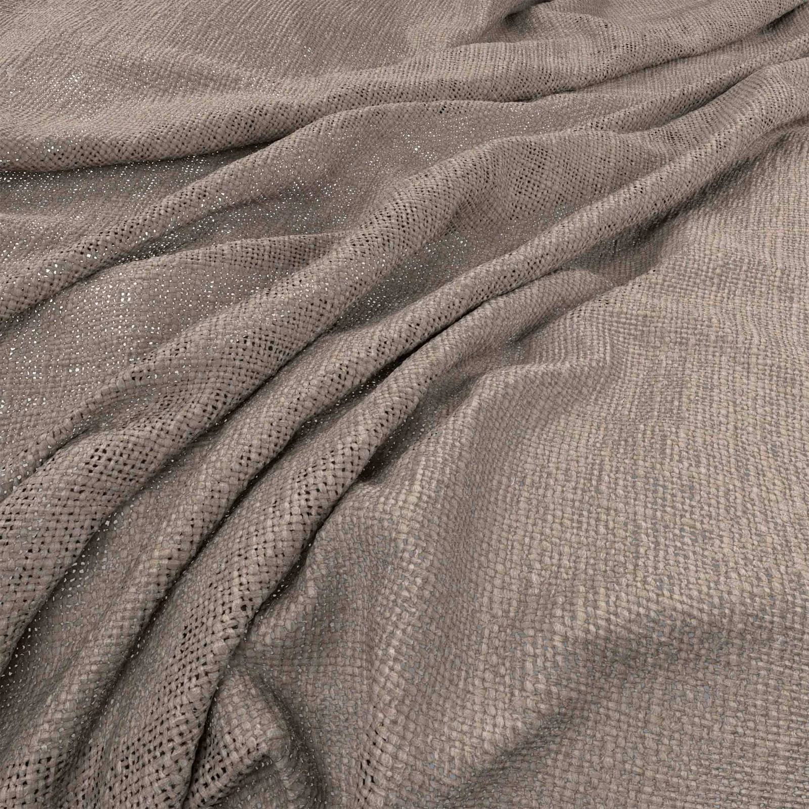 Taupe-grey Bruges fabric showing a softly open, pebbled woven texture in gathered folds