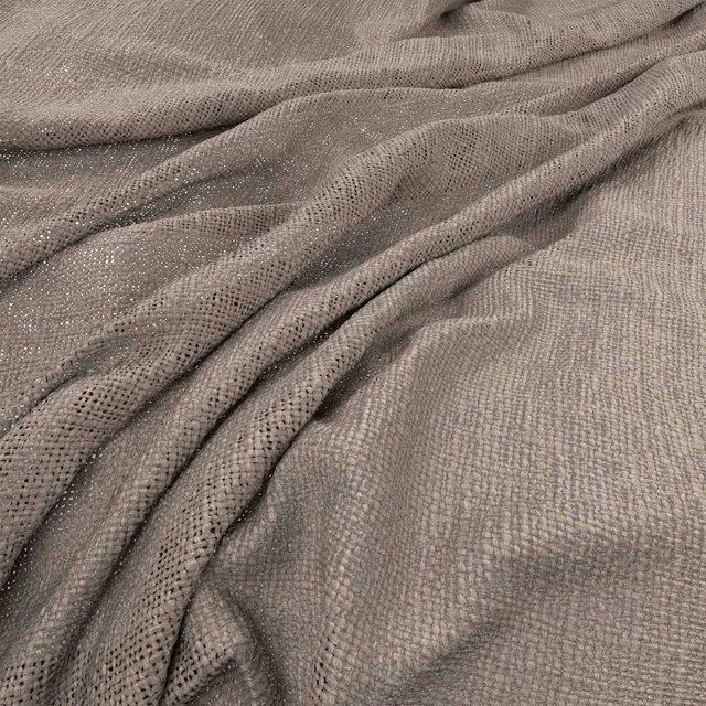 Taupe-grey Bruges fabric showing a softly open, pebbled woven texture in gathered folds