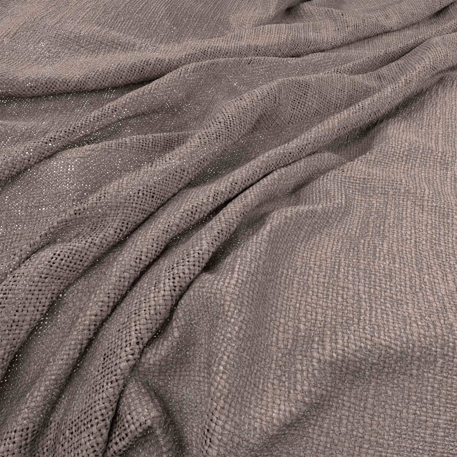 Muted taupe-grey woven fabric with fine basket texture gathered into soft folds