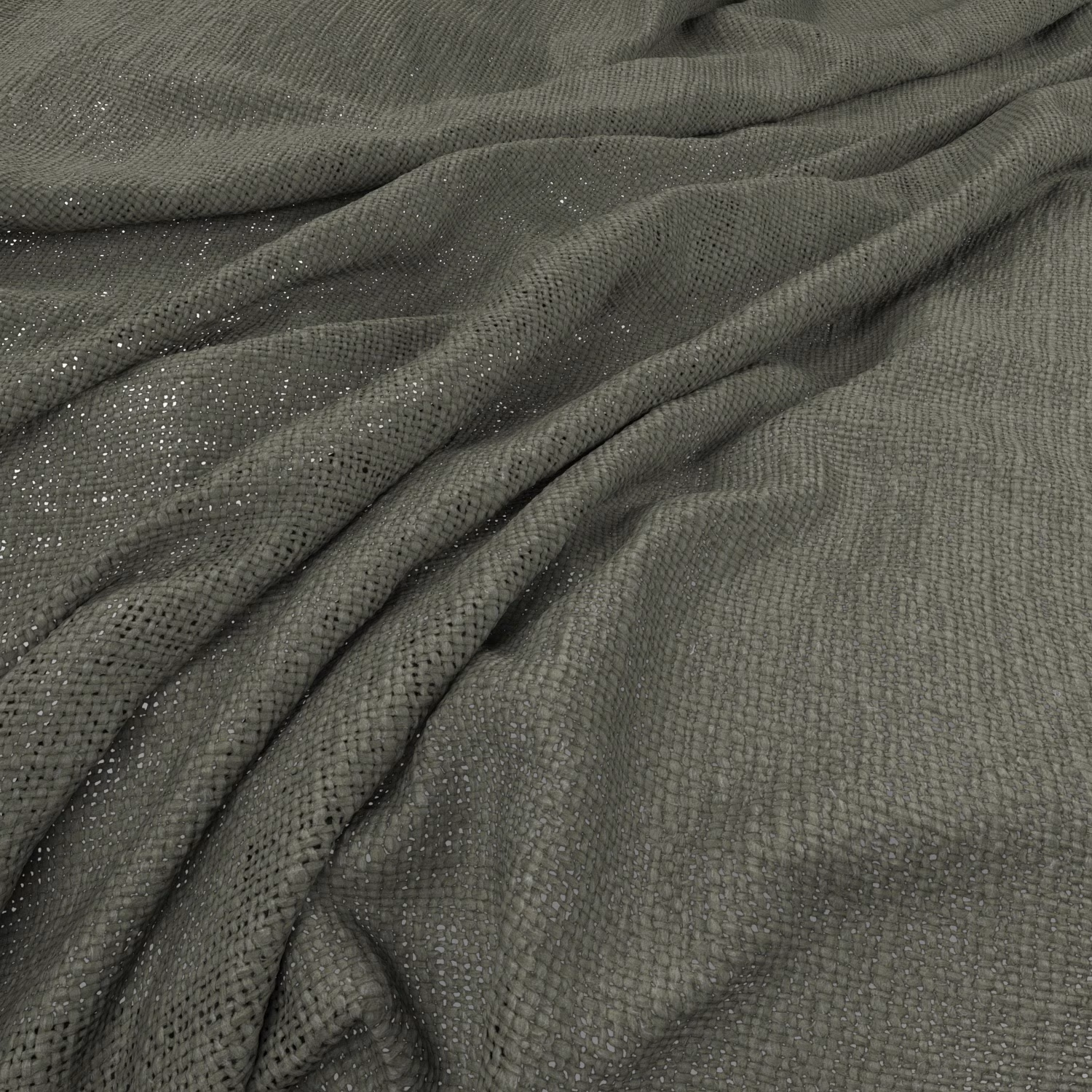 Muted olive-grey woven fabric draped in folds with subtle reflective flecks