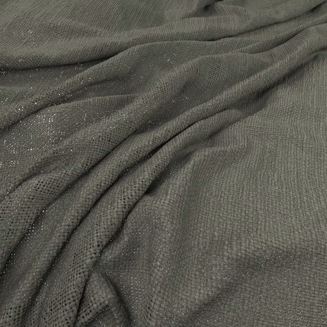 Muted olive-grey woven fabric draped in folds with subtle reflective flecks