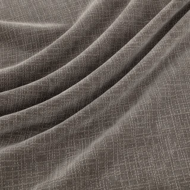 Warm ash-grey woven fabric with fine crosshatch texture falling in soft diagonal folds
