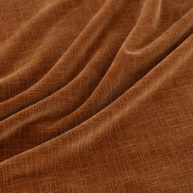 Warm russet-brown Bugatti textile with fine crosshatch texture gathered into soft folds