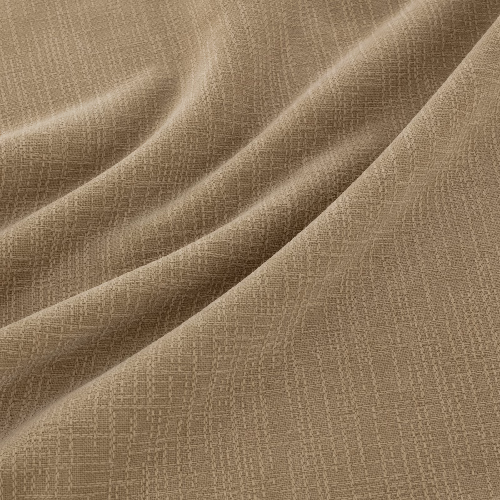 Warm flax-taupe woven fabric with fine crosshatch texture arranged in soft folds