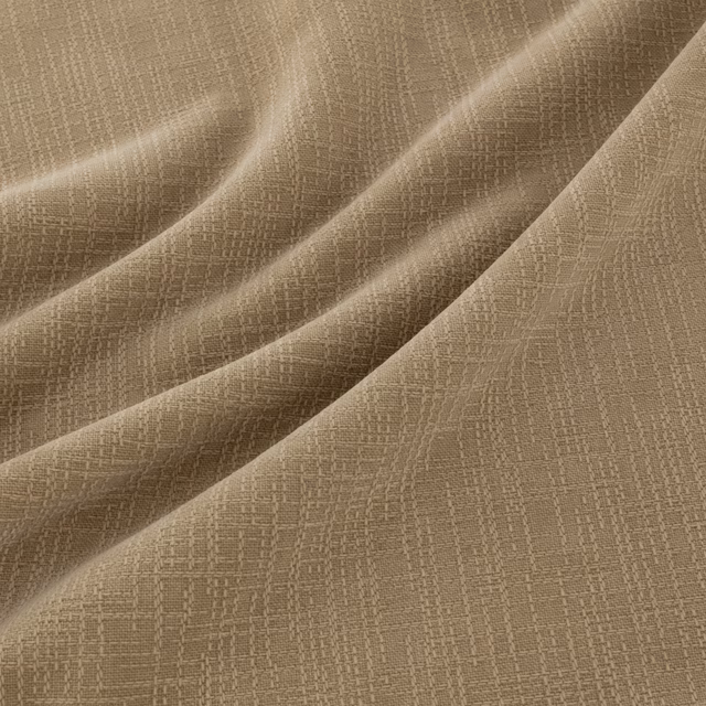 Warm flax-taupe woven fabric with fine crosshatch texture arranged in soft folds