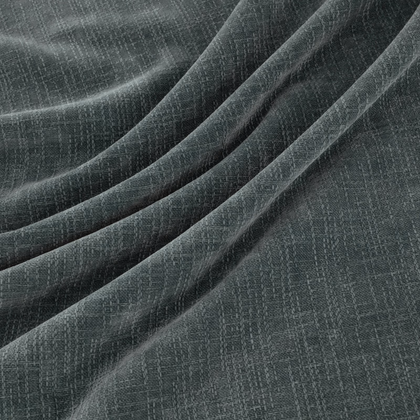 Deep blue-green charcoal fabric with fine crosshatch weave gathered into soft folds