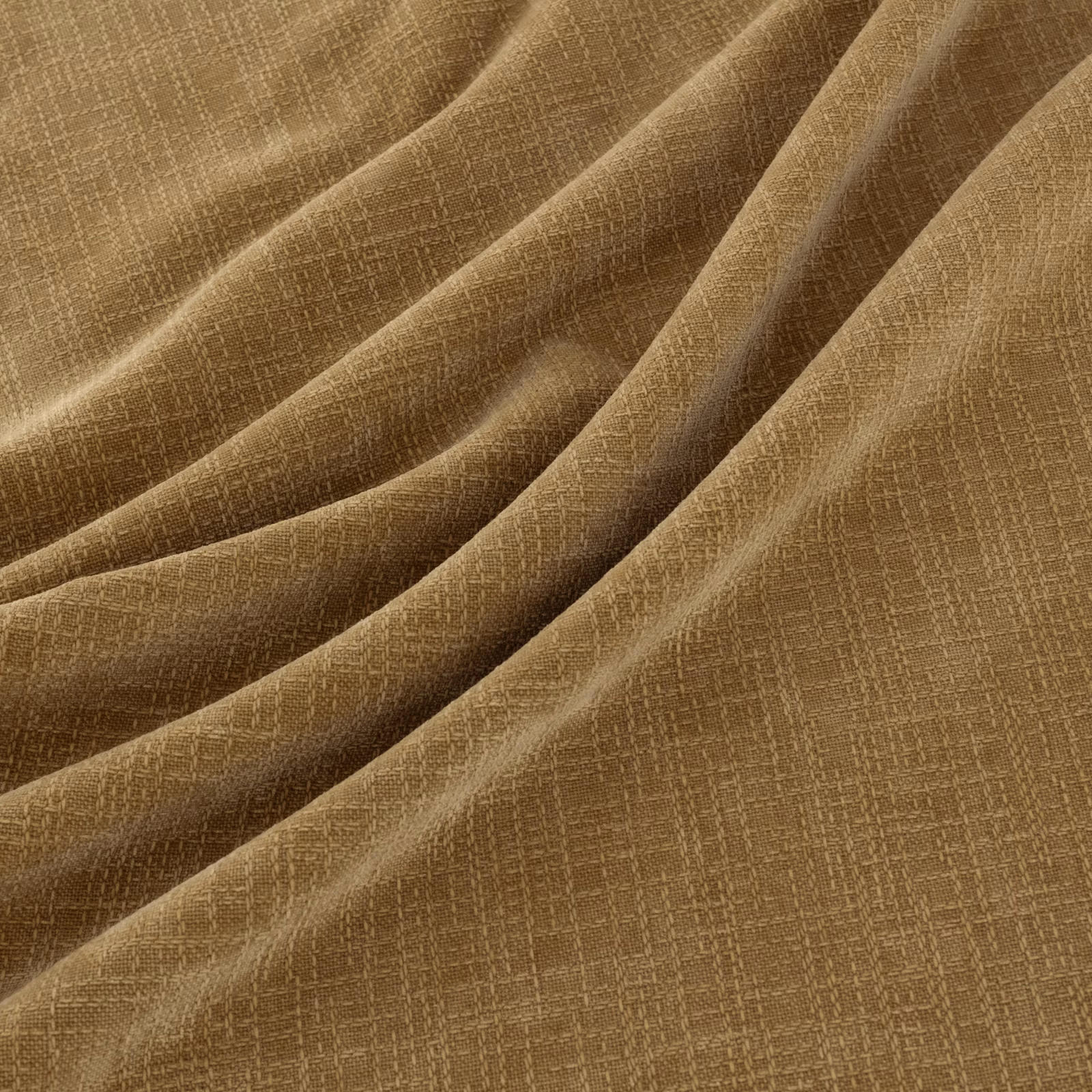 Warm camel-brown woven fabric with fine crosshatch texture in folded drape