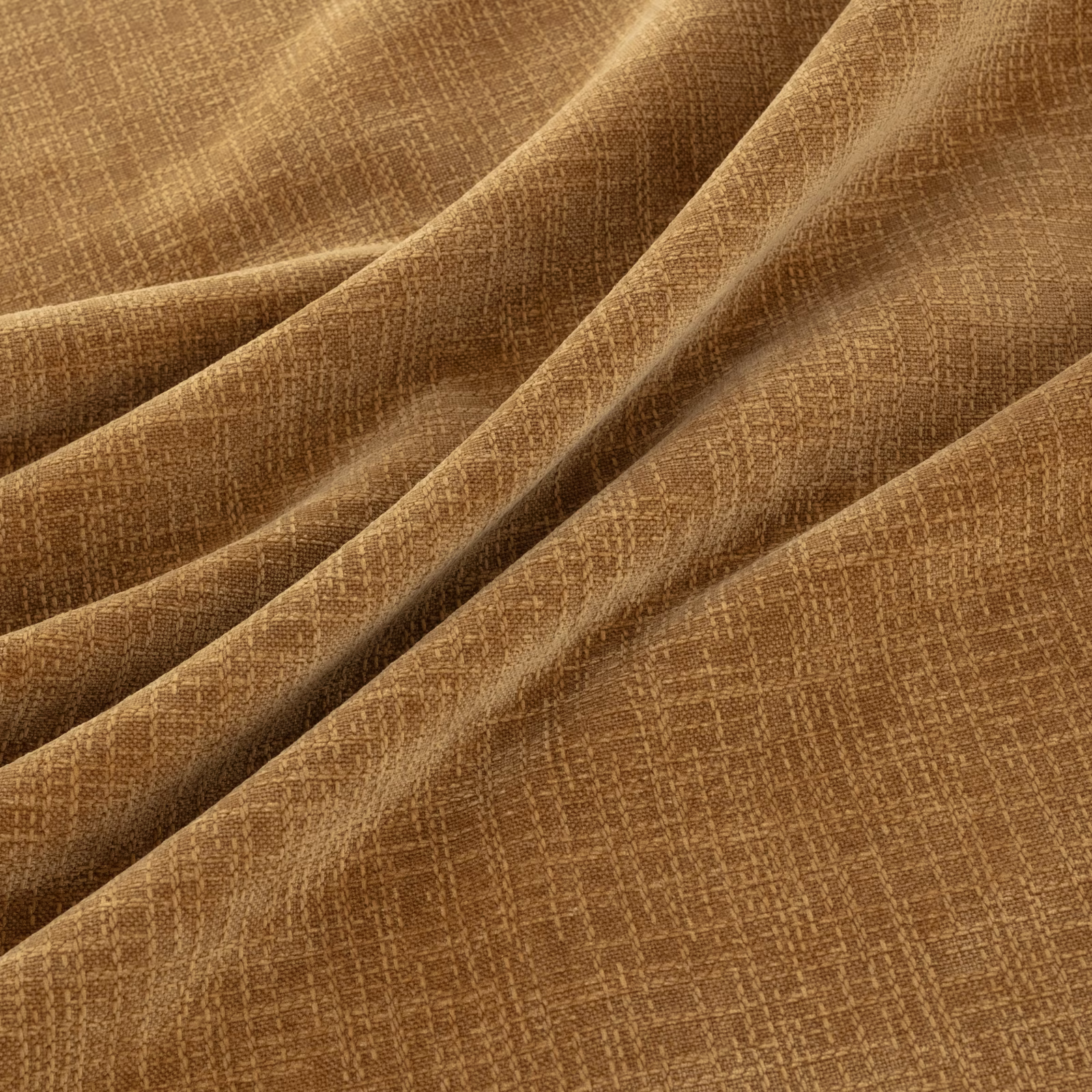 Warm tobacco-brown fabric with a fine crosshatched weave arranged in soft folds