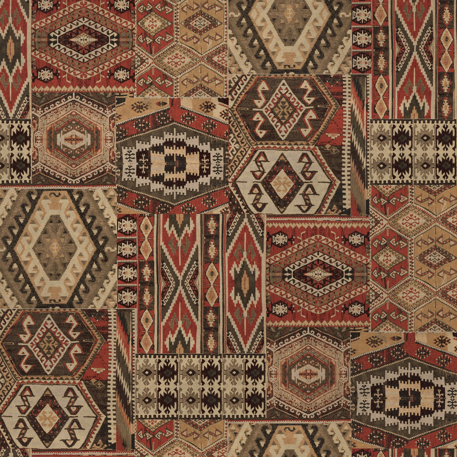 Patchwork geometric fabric in terracotta, beige and brown with bold tribal motifs