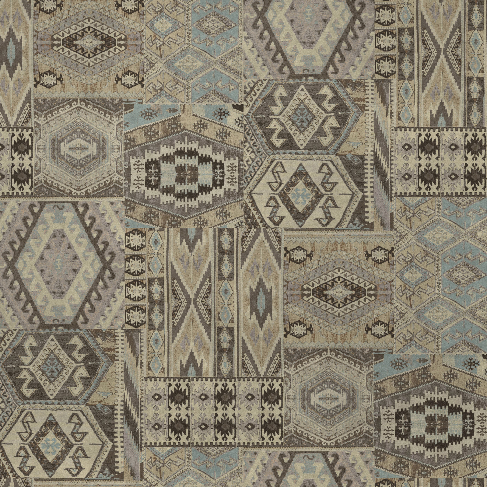 Patchwork geometric fabric in warm beige, taupe and soft blue tones