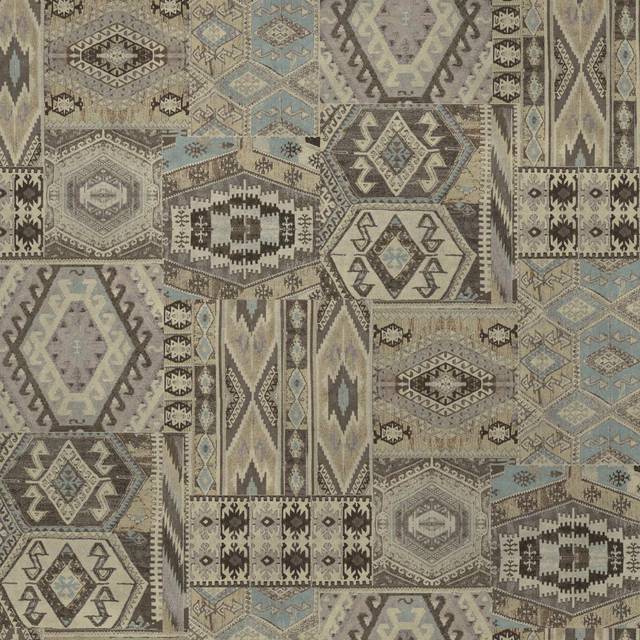 Patchwork geometric fabric in warm beige, taupe and soft blue tones