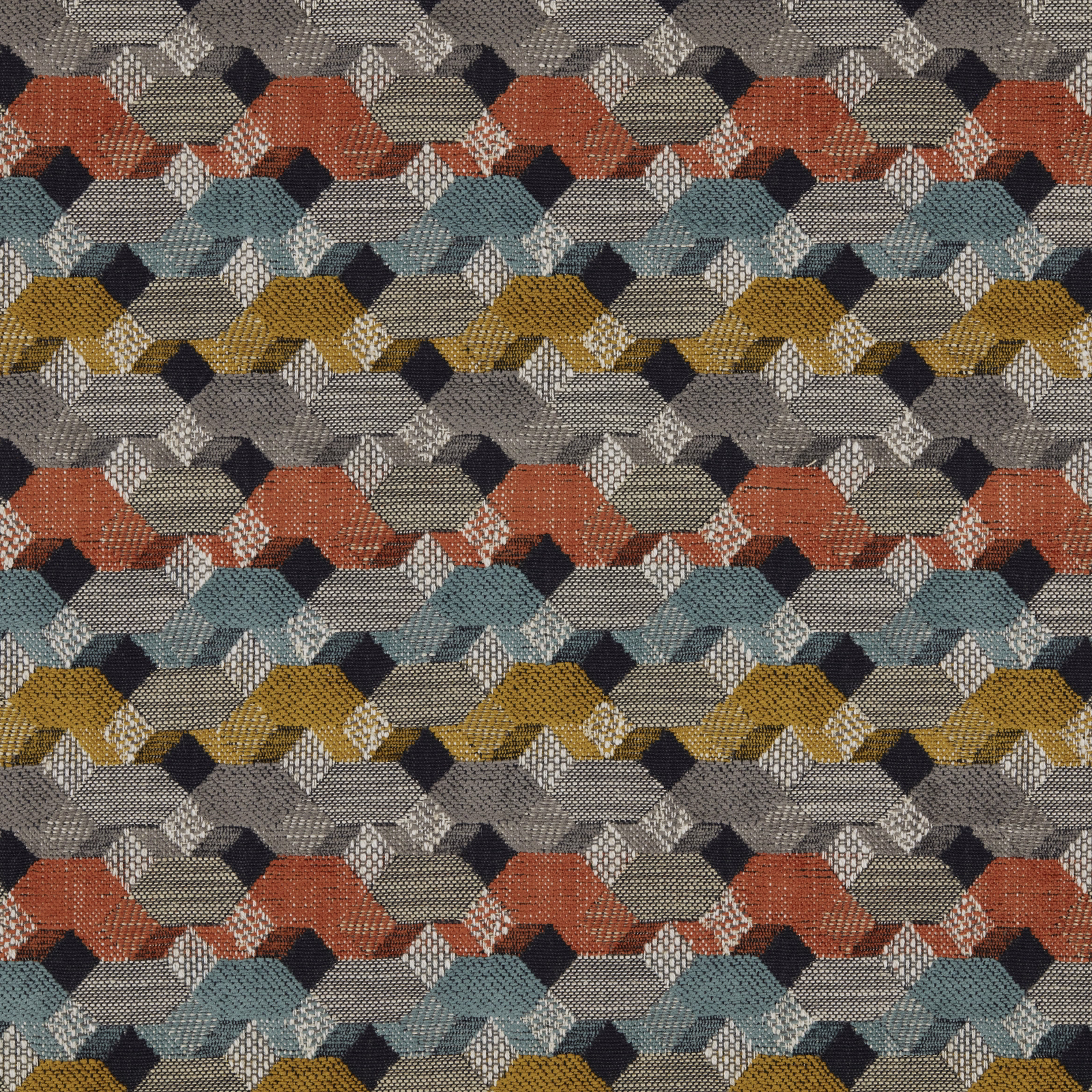 Woven geometric upholstery fabric with terracotta, teal, mustard and grey bands