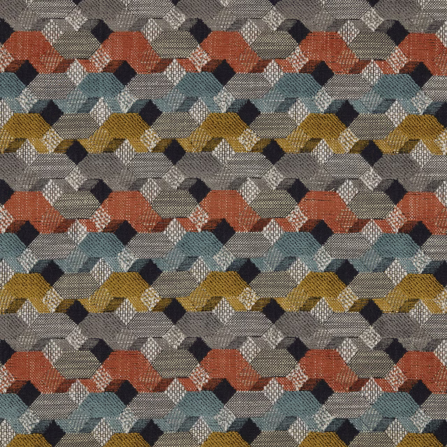 Woven geometric upholstery fabric with terracotta, teal, mustard and grey bands