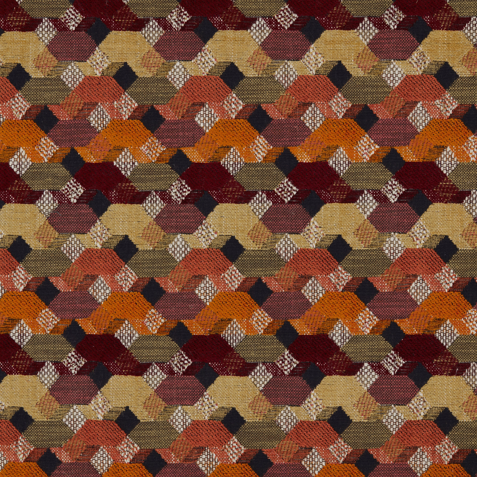 Geometric woven fabric swatch in burgundy, orange, olive and gold hexagons
