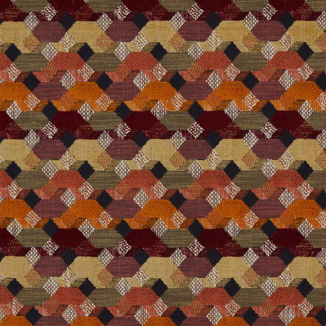 Geometric woven fabric swatch in burgundy, orange, olive and gold hexagons