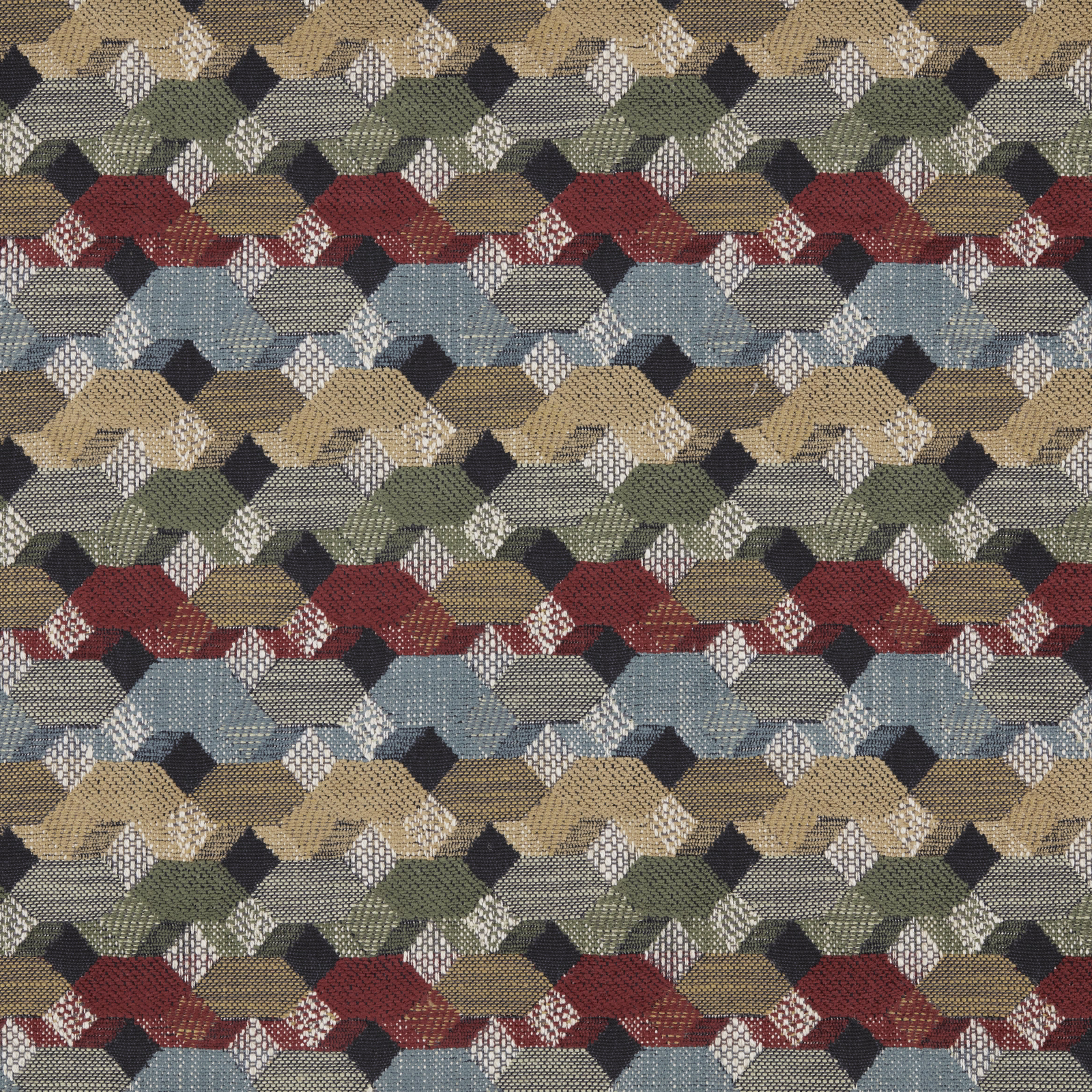 Close-up of Cabaret Document woven geometric fabric in olive, tan, blue and burgundy bands