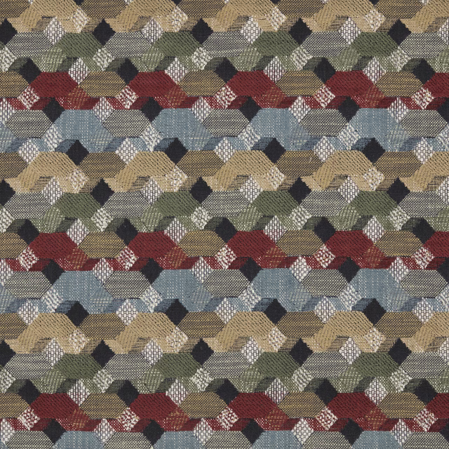 Close-up of Cabaret Document woven geometric fabric in olive, tan, blue and burgundy bands