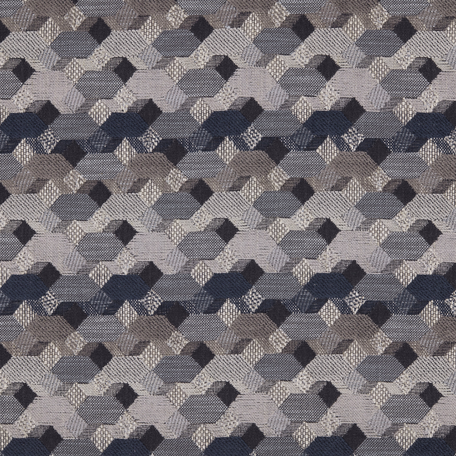 Geometric woven fabric in indigo, grey and stone diamond shapes