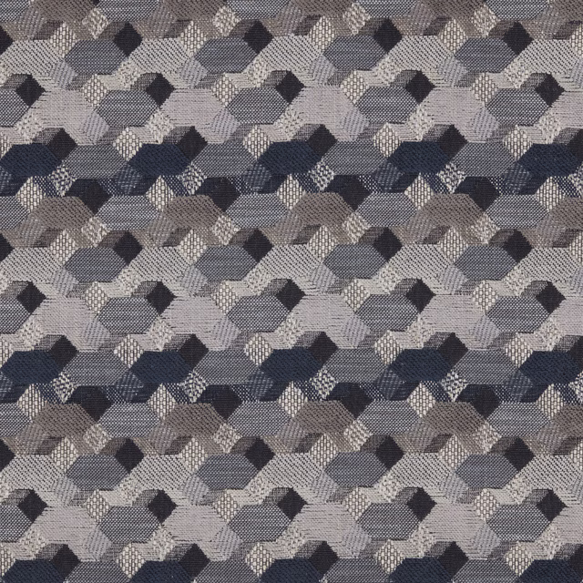 Geometric woven fabric in indigo, grey and stone diamond shapes