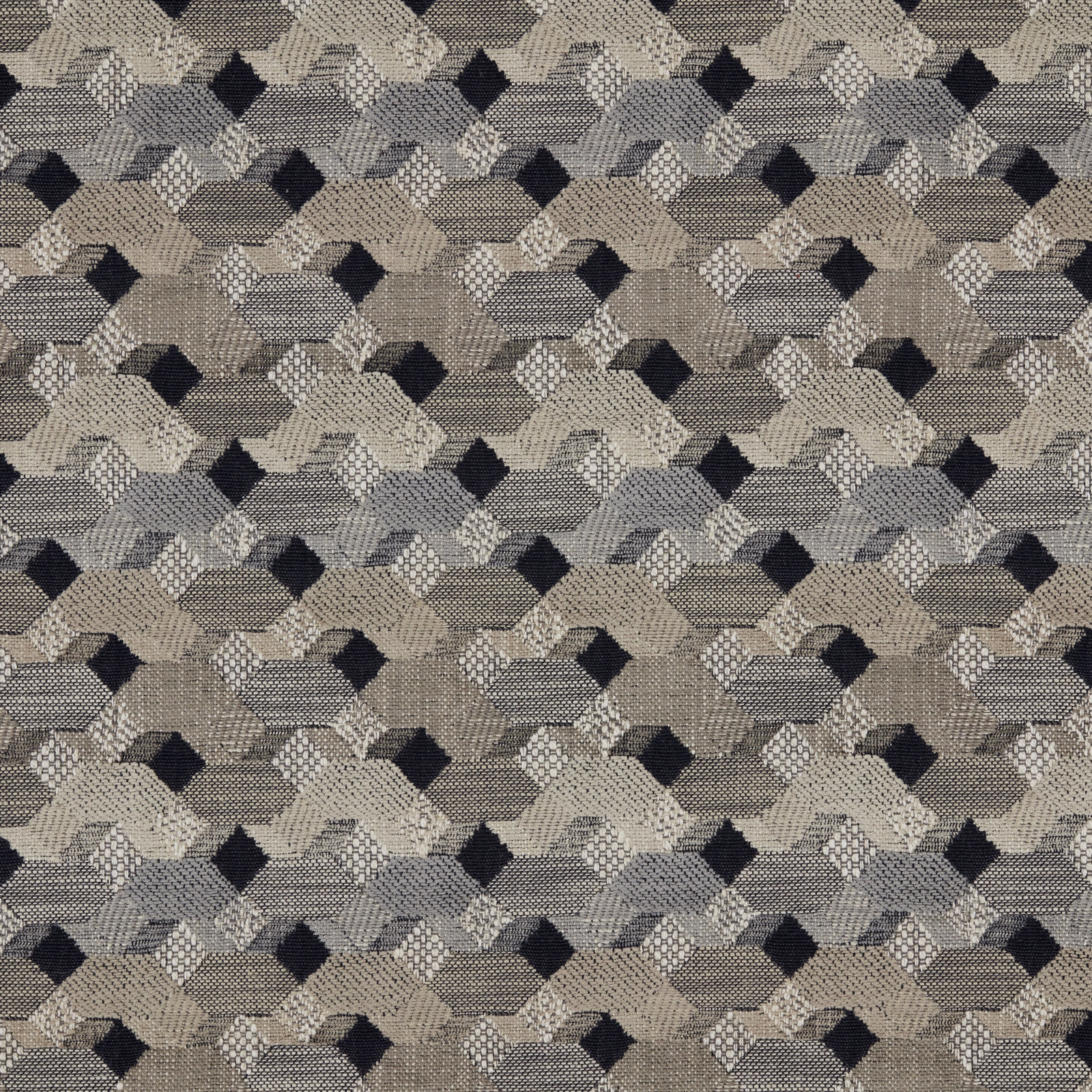 Close-up of a neutral geometric woven fabric in stone, beige and charcoal tones