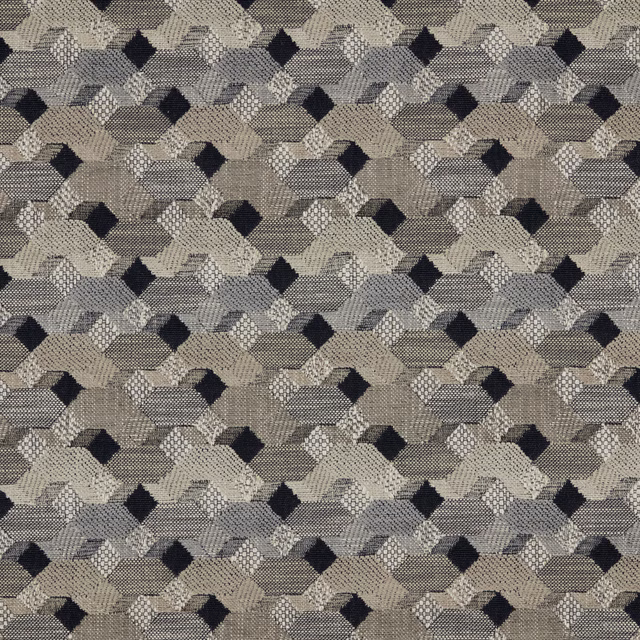 Close-up of a neutral geometric woven fabric in stone, beige and charcoal tones