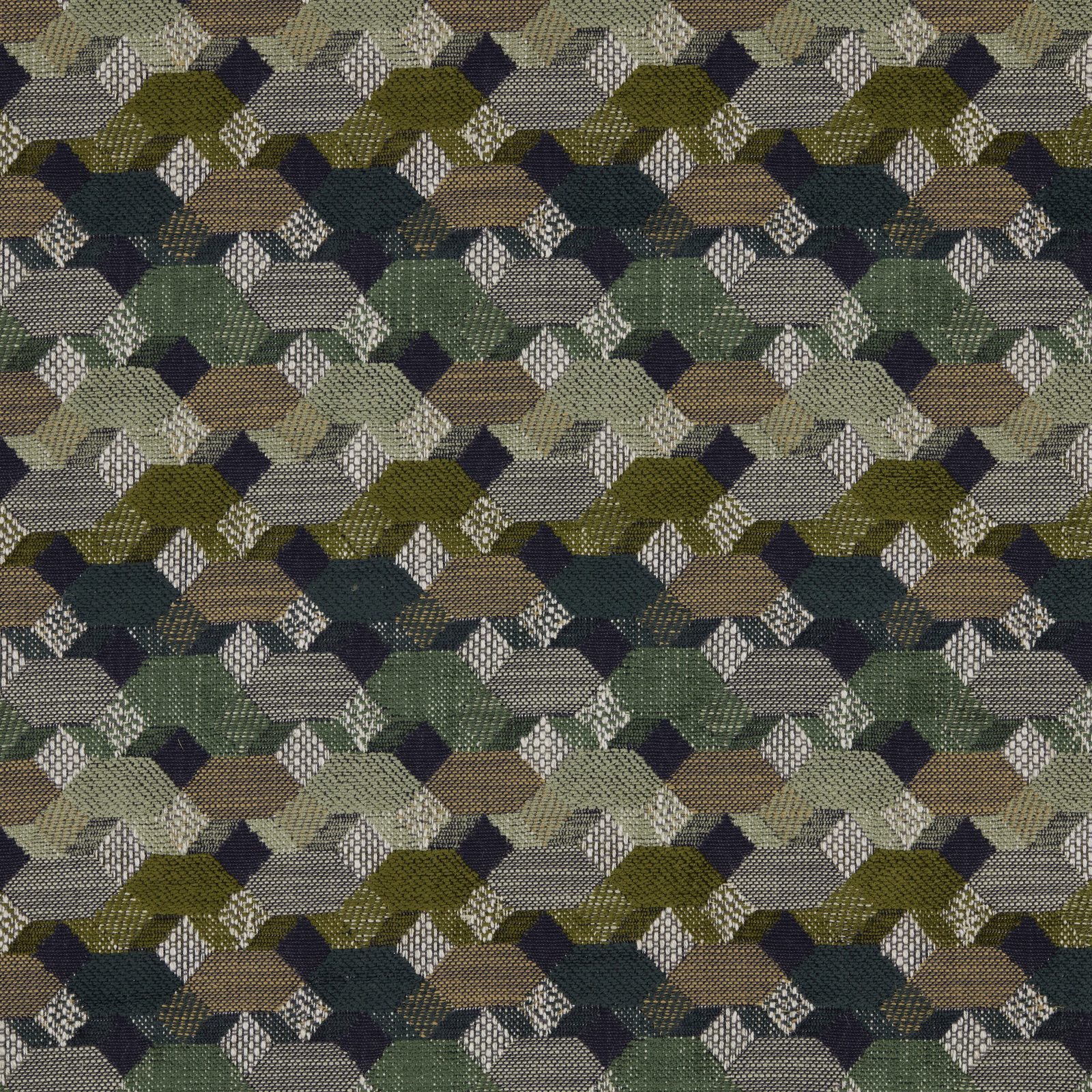 Geometric woven upholstery fabric in olive, teal, charcoal and cream