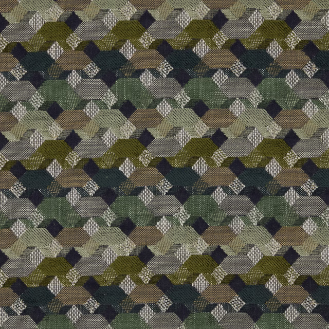 Geometric woven upholstery fabric in olive, teal, charcoal and cream
