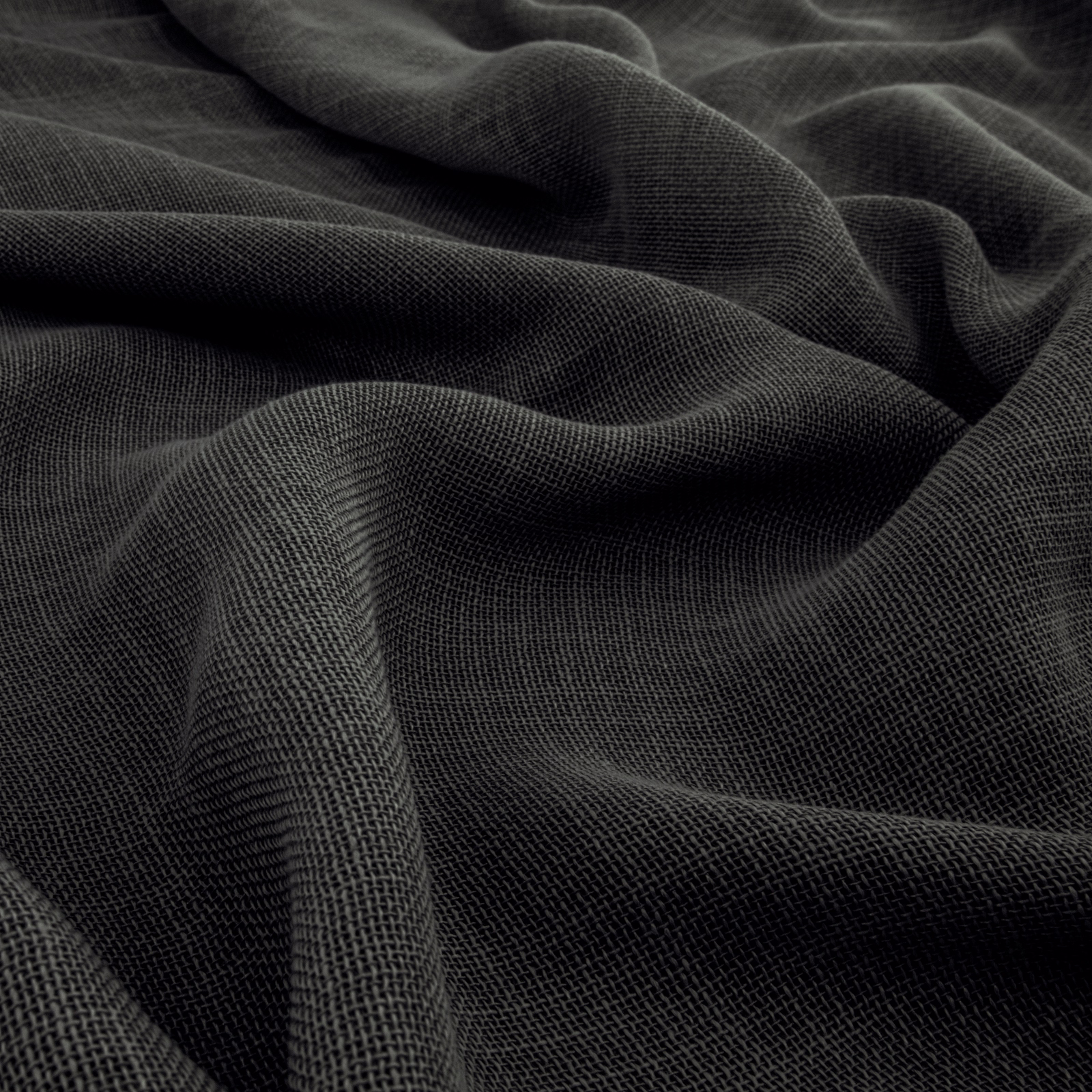 Deep charcoal plain woven fabric draped in soft folds with a fine textured surface