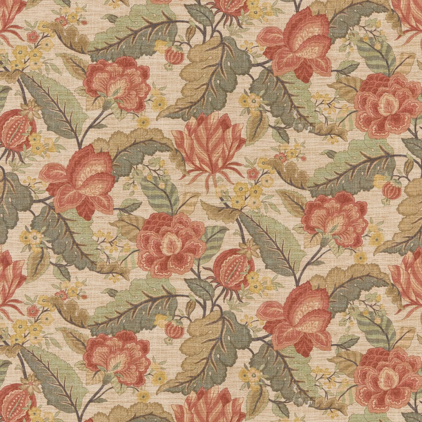 Cream floral chintz with coral blooms, olive foliage and a slub-textured woven ground