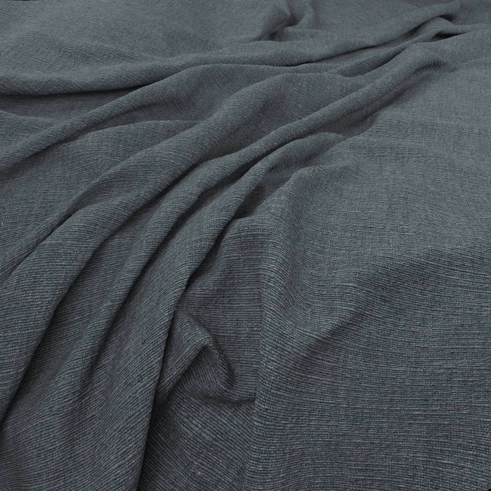 Deep slate blue-grey woven fabric with fine horizontal texture in fluid folds