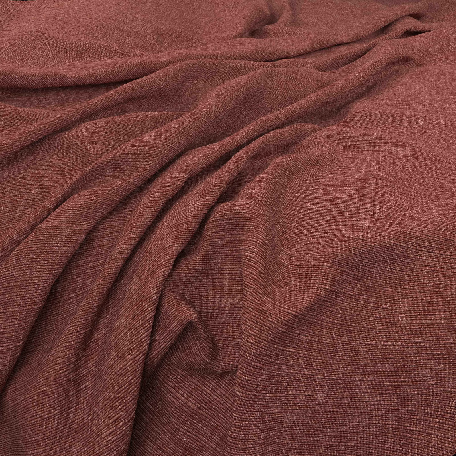 Muted berry-burgundy woven fabric with fine horizontal grain and soft draped folds