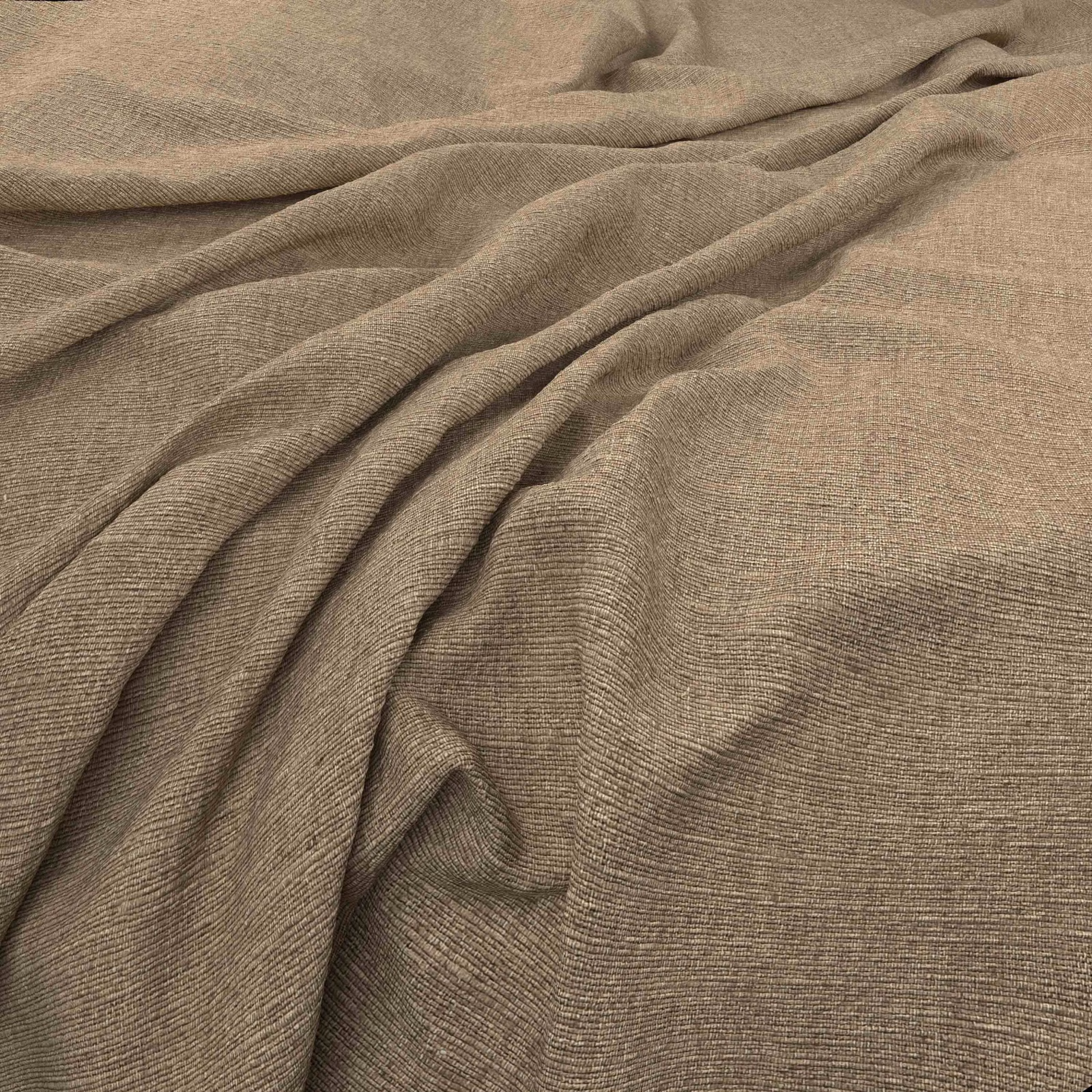 Muted mushroom-taupe fabric with fine horizontal weave gathered into soft folds