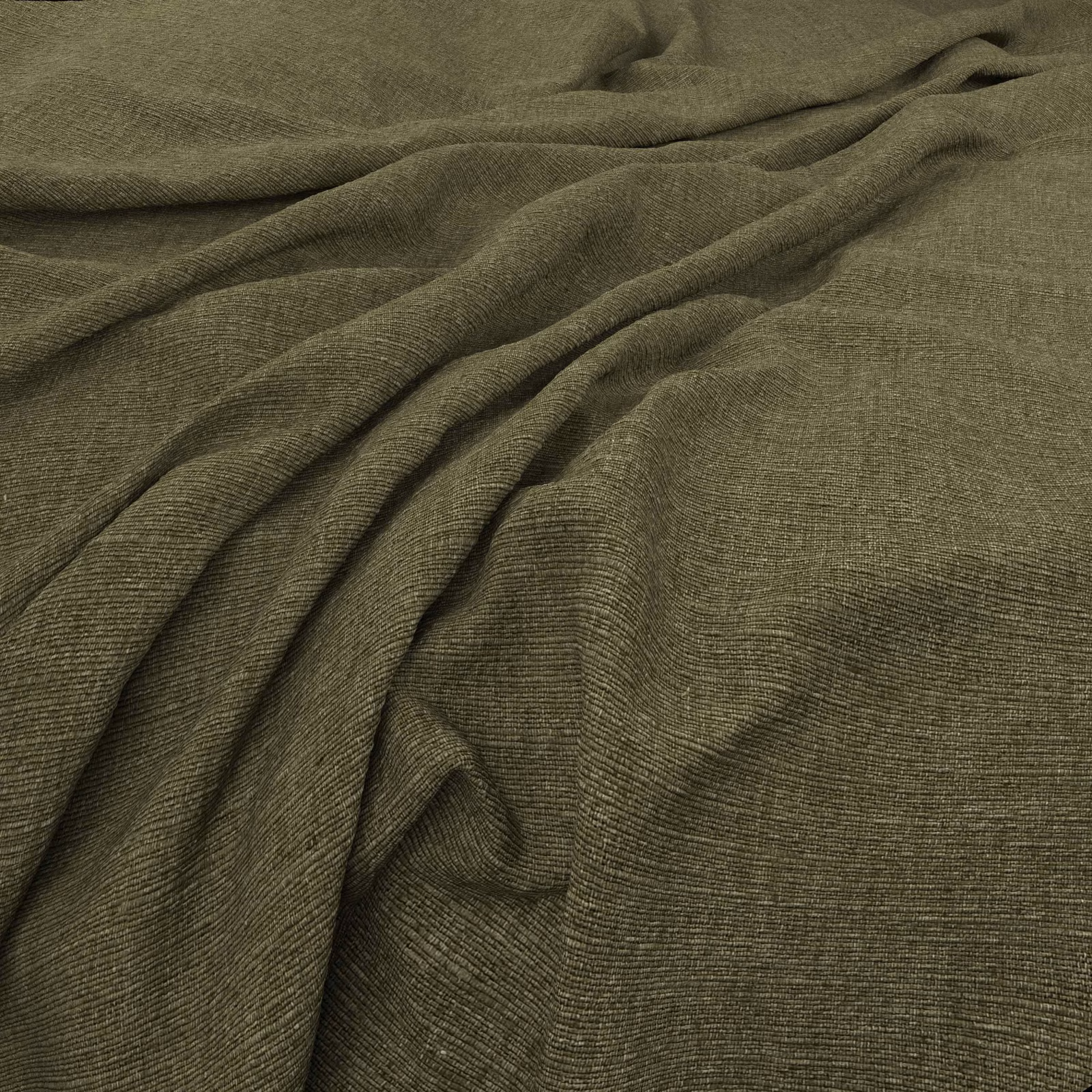 Deep olive fabric with fine horizontal weave falling into softly shadowed folds