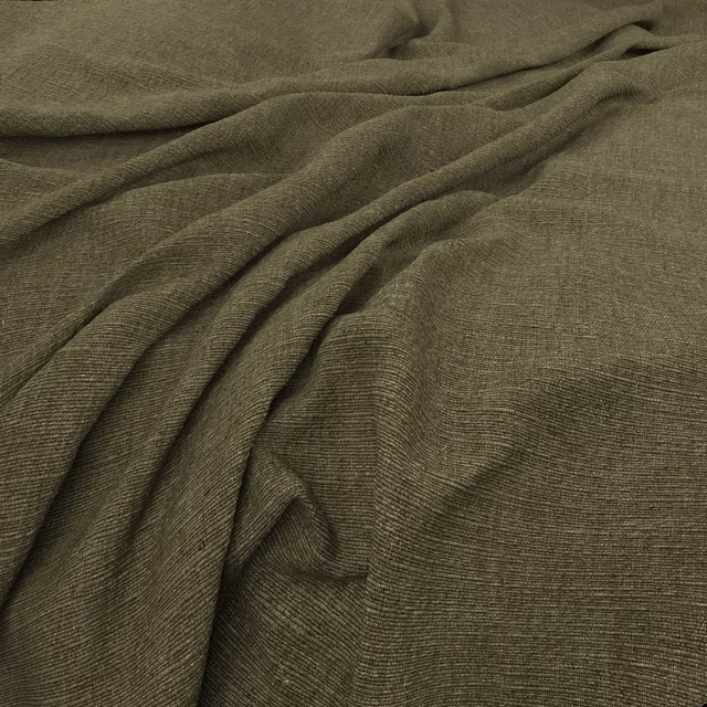 Deep olive fabric with fine horizontal weave falling into softly shadowed folds