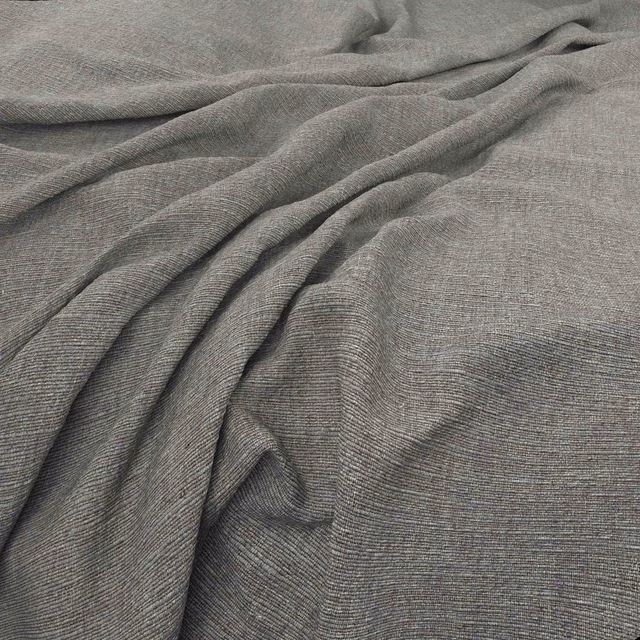 Heathered warm-grey fabric with fine horizontal ribbing gathered into soft folds