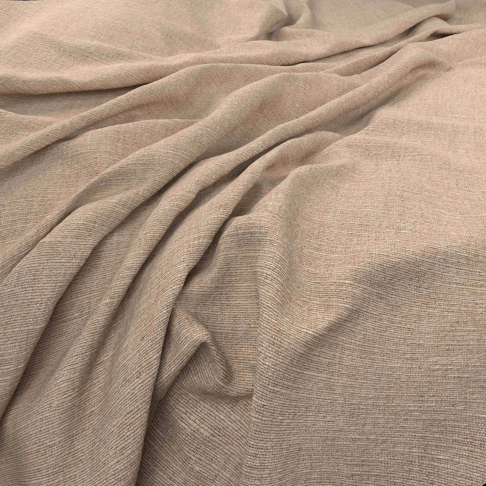 Warm stone-taupe plain weave fabric gathered into soft, fluid folds