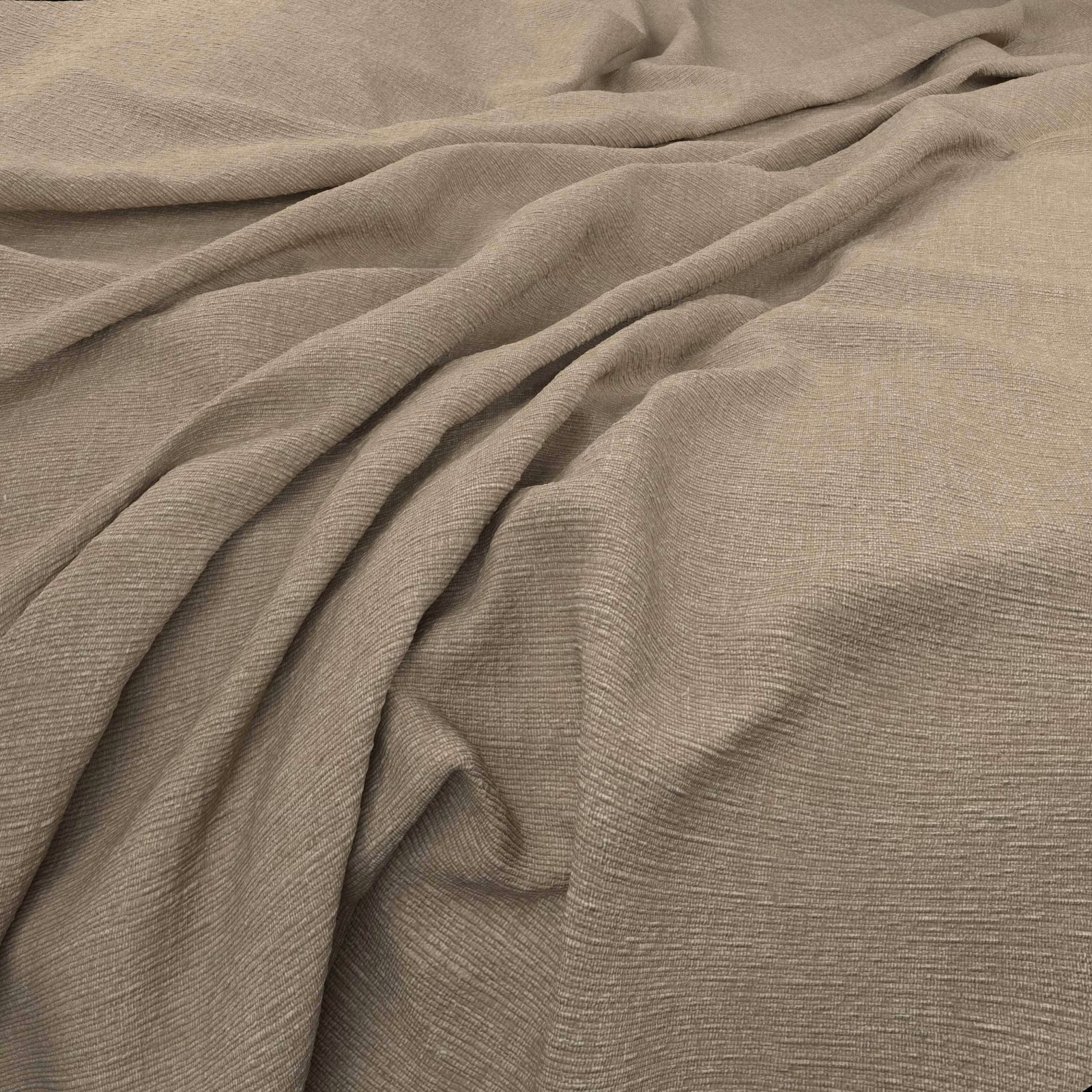 Soft taupe-grey finely woven fabric gathered into fluid folds with subtle horizontal texture