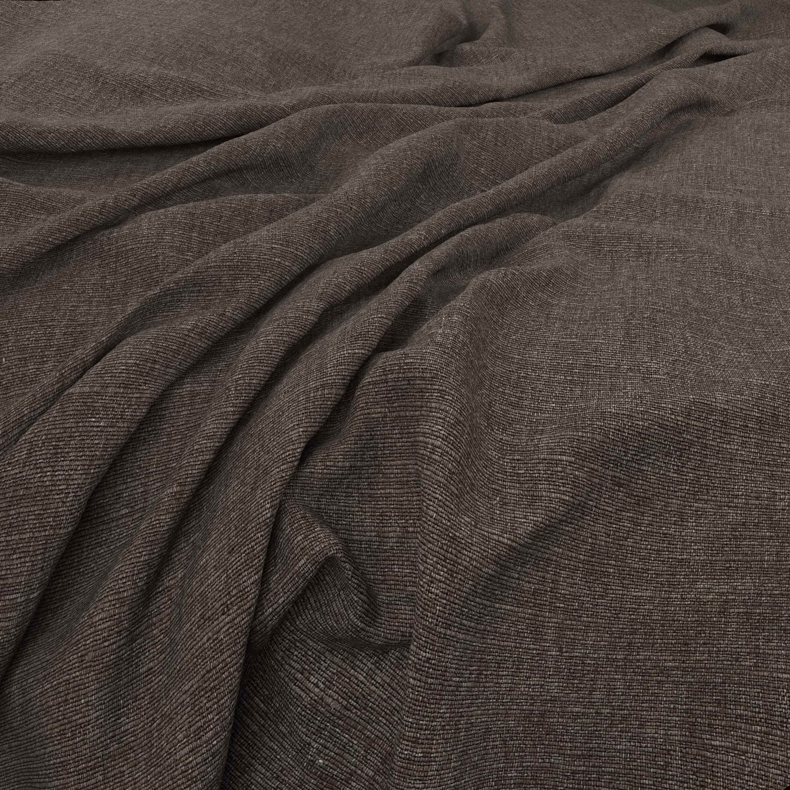 Dark peppercorn-brown woven fabric with fine ribbed texture gathered into soft folds