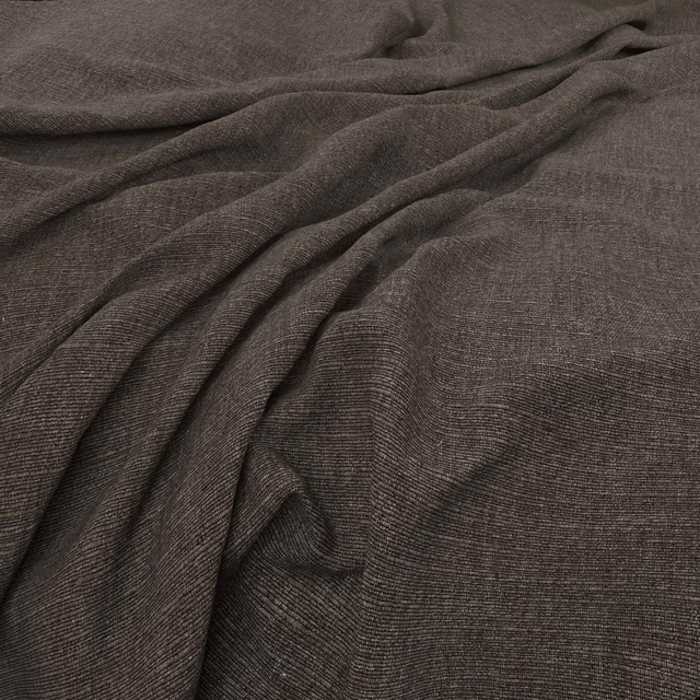 Dark peppercorn-brown woven fabric with fine ribbed texture gathered into soft folds