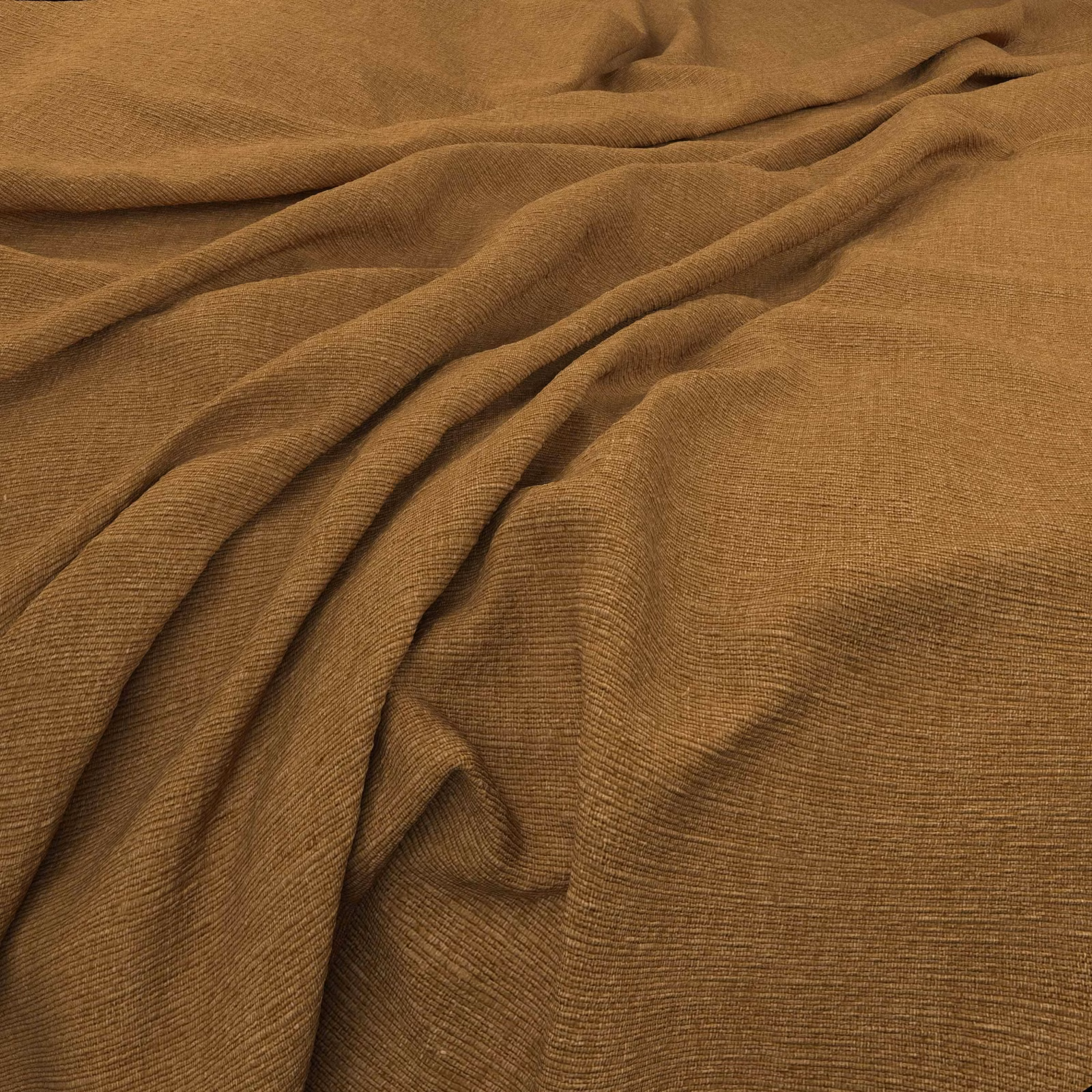 Warm saffron-brown ribbed fabric gathered into soft, flowing folds