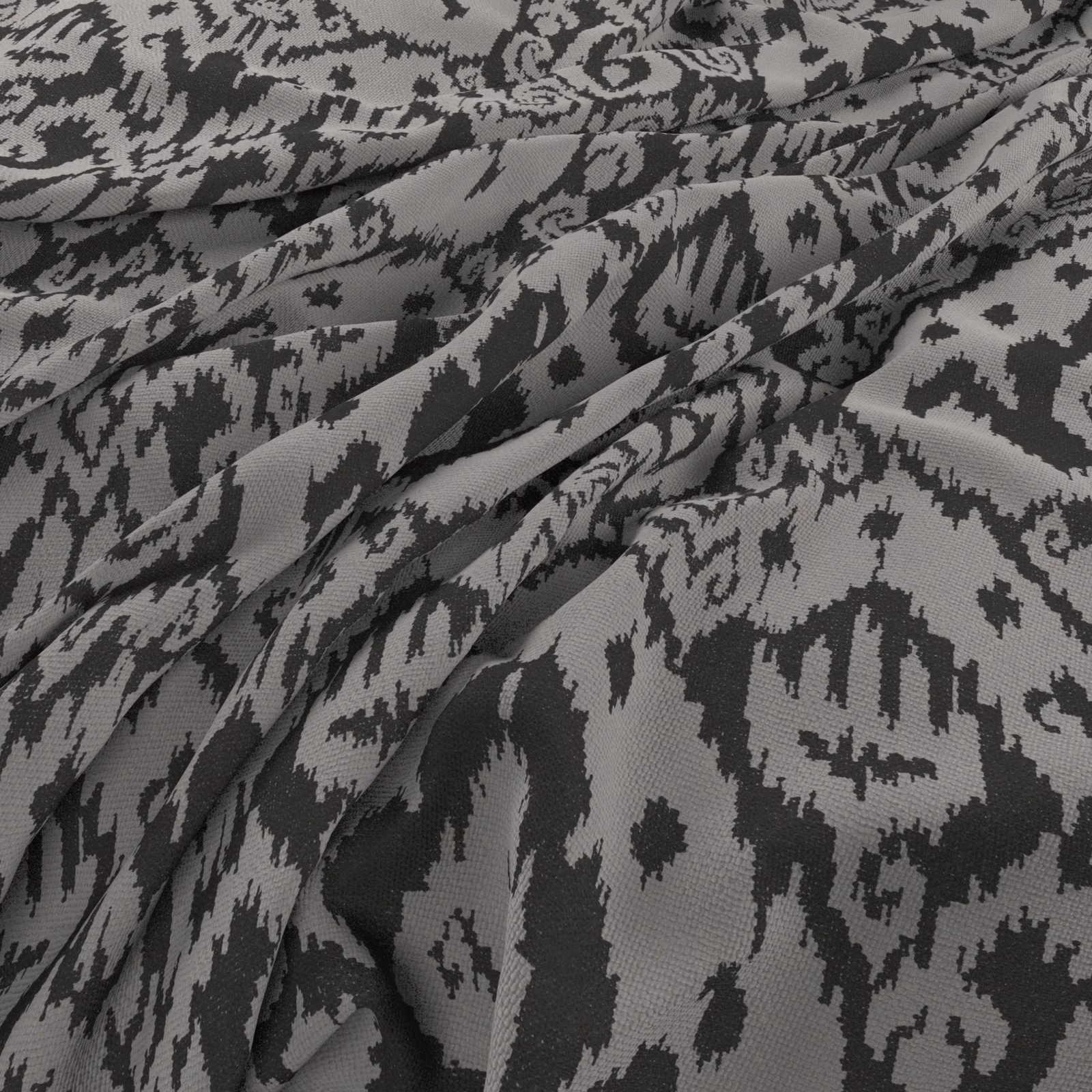 Cool grey and charcoal abstract motif on folded, textured woven fabric