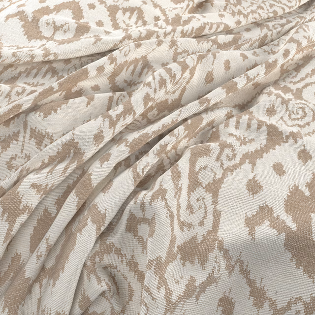 Warm sandal-taupe organic motif woven across cream textile in soft folds