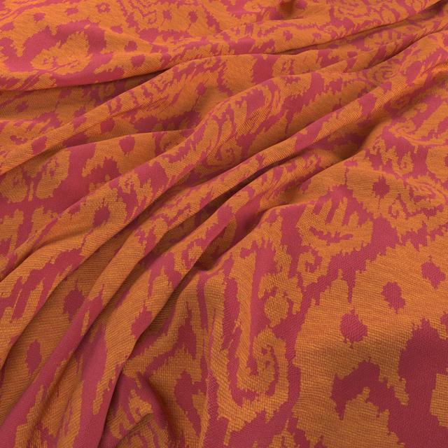 Burnt orange woven fabric with raspberry organic motifs gathered into soft folds