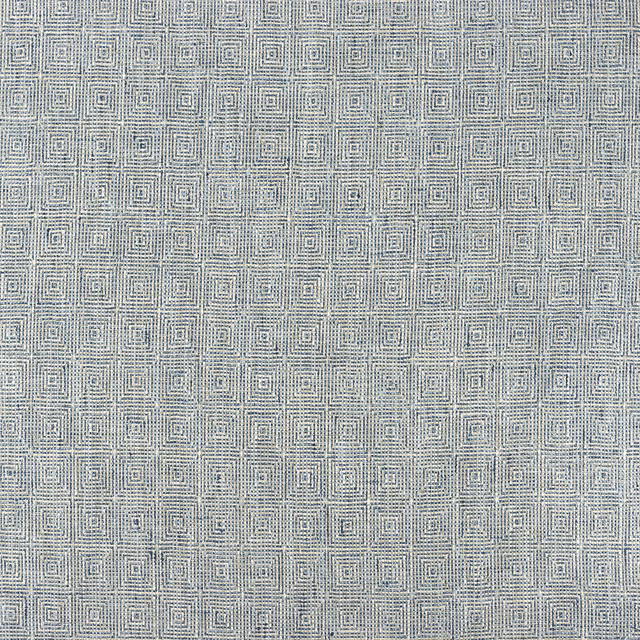 Cool blue-grey woven fabric with tiny nested square motifs and tactile texture