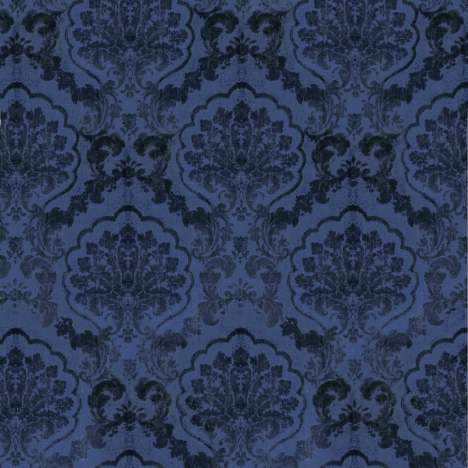 Muted lazuli blue damask with large ornate medallions and dark scrolling detail