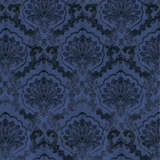 Muted lazuli blue damask with large ornate medallions and dark scrolling detail