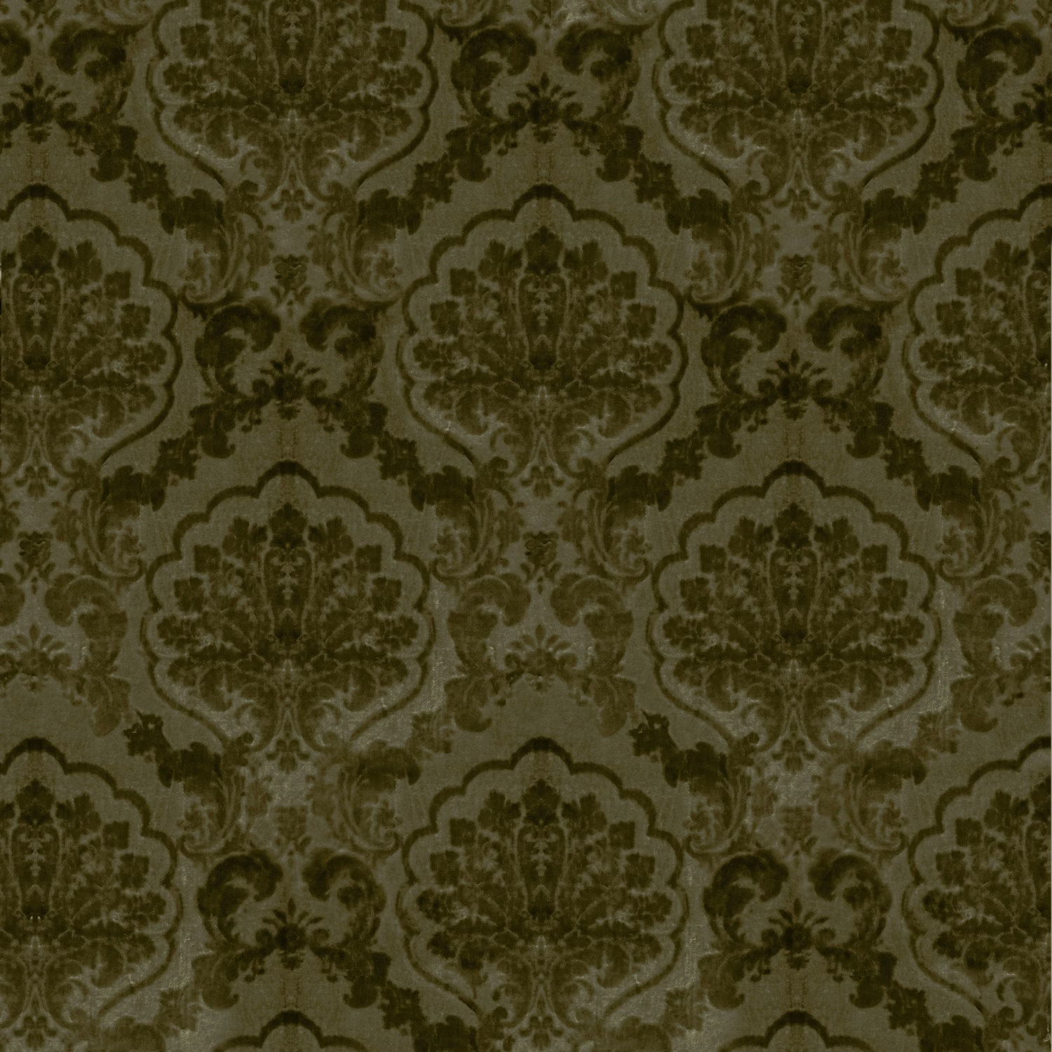 Muted olive green fabric with dark symmetrical damask medallions and textured sheen
