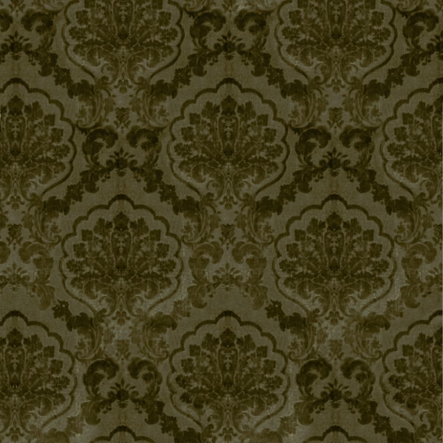 Muted olive green fabric with dark symmetrical damask medallions and textured sheen