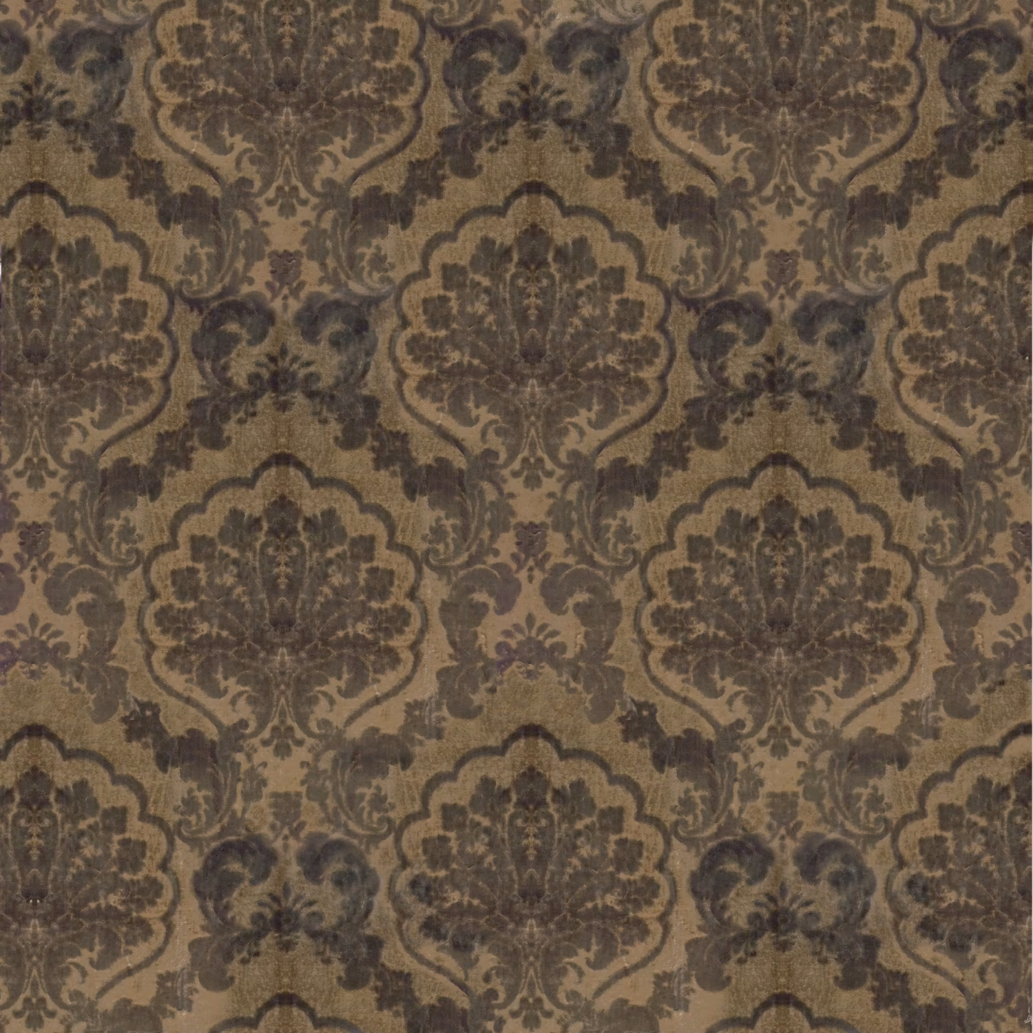 Muted taupe damask with charcoal-brown medallions and a softly textured weave
